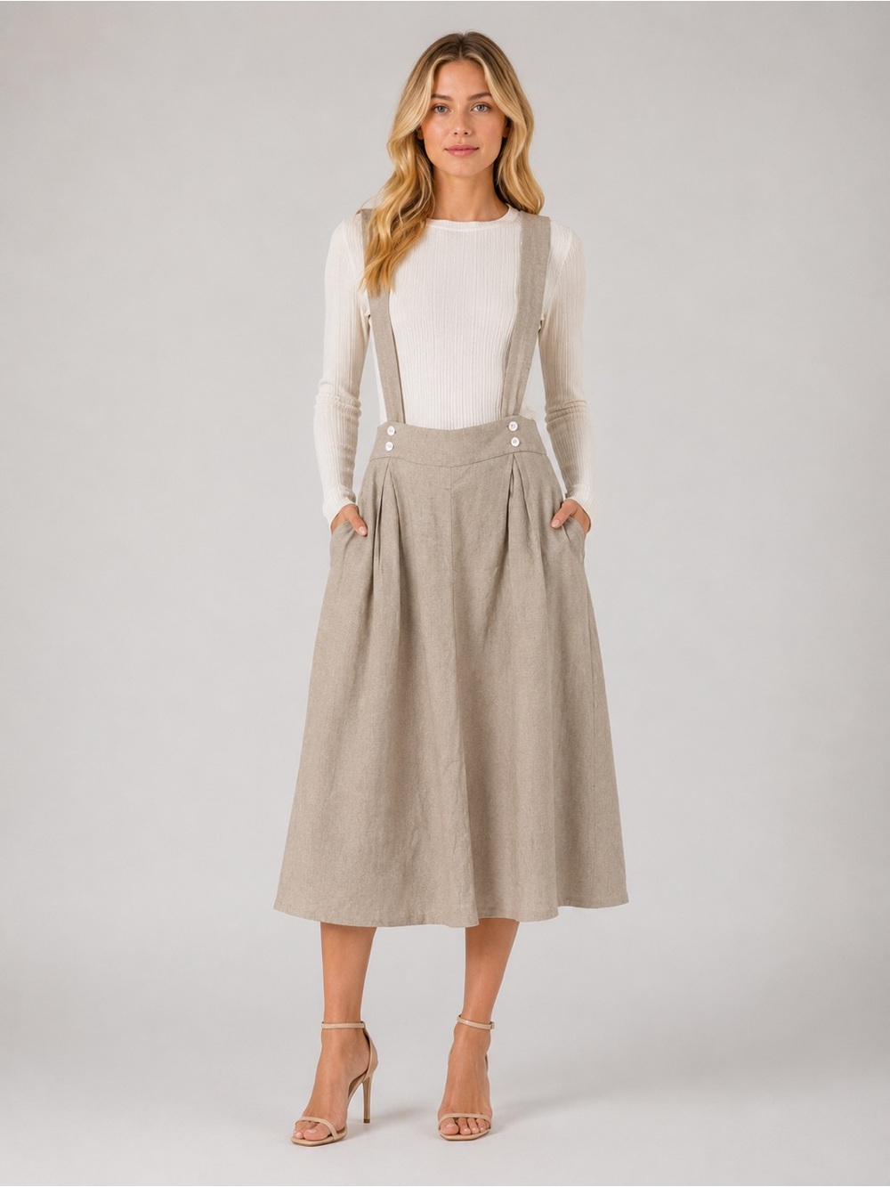 Momonì Linen Blend Suspender Midi Skirt Size 46 Taupe Beige Button 25683